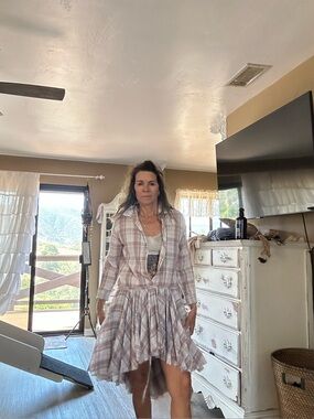 Plaid Button-Front Shirt Dress in Light Pink